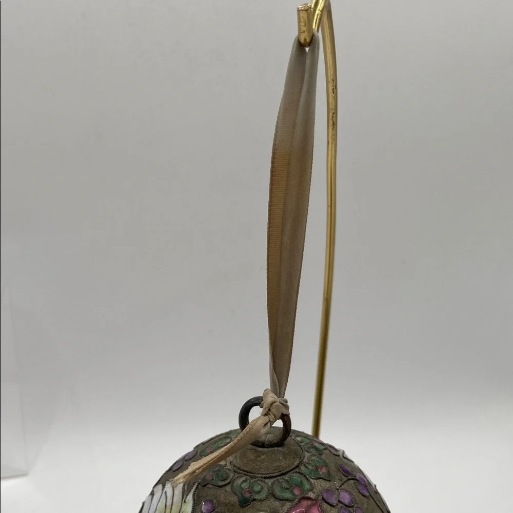 Vintage Enamel Cloisonné Egg Ornament With Ribbon Tie  And Stand